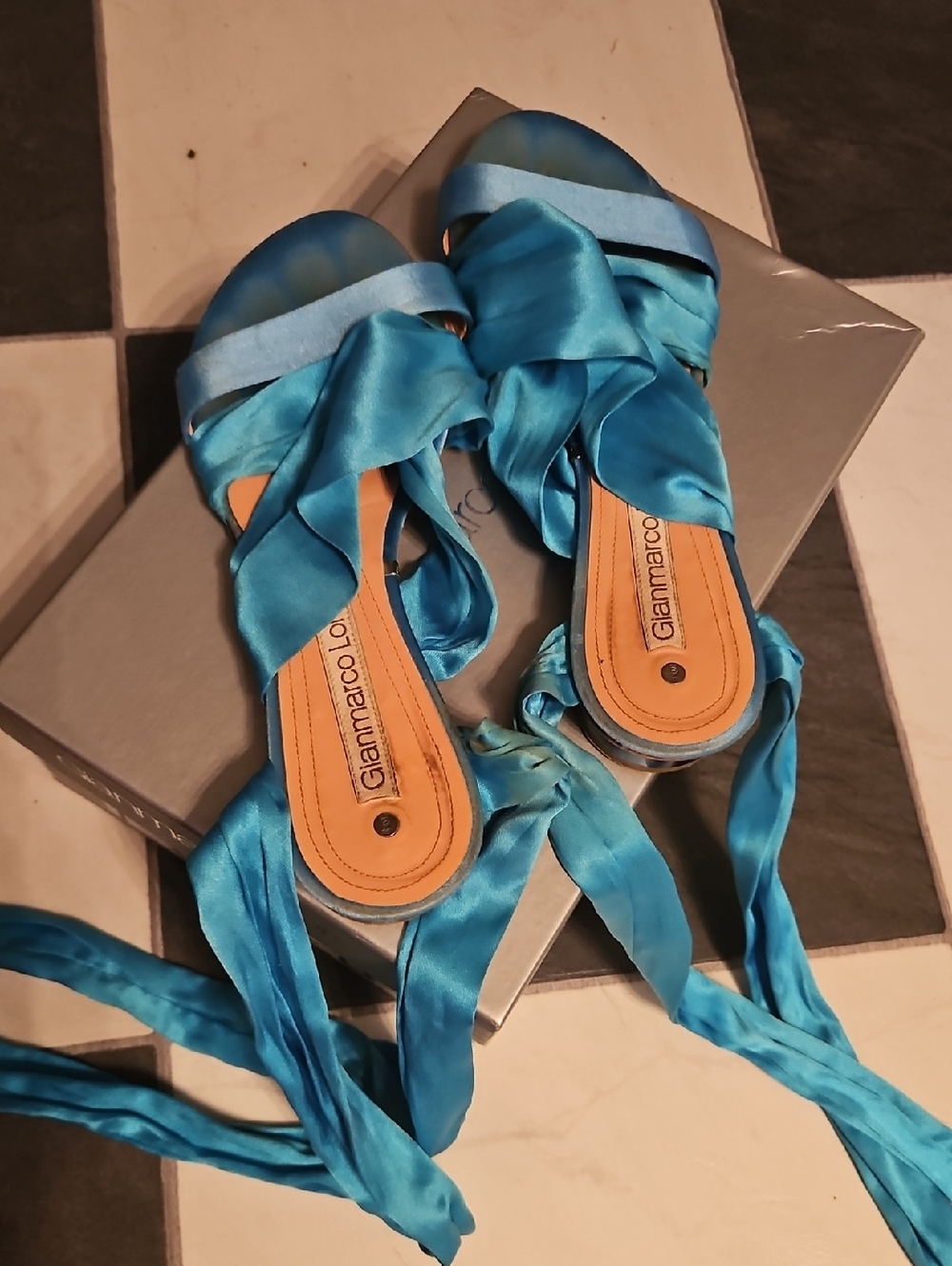 Gianmarco Lorenzi Turquoise Satin Tie-Up Sandals